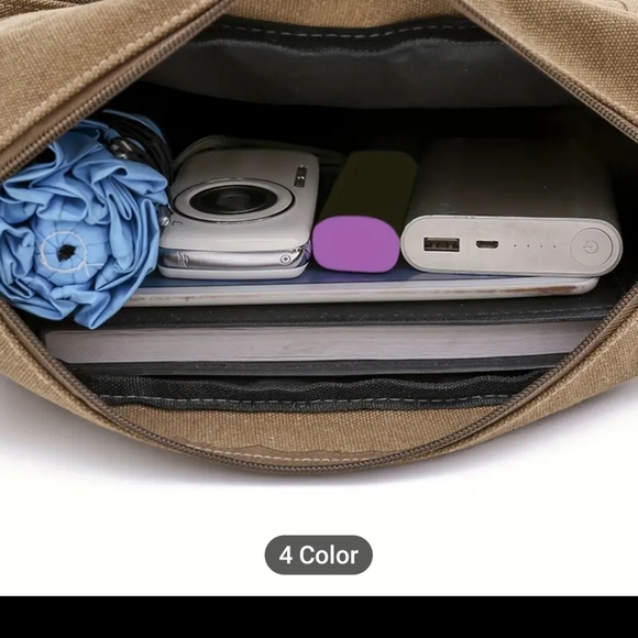 Mens New Tan Canvas Multi pocket Messenger Bag - Picture 3 of 3